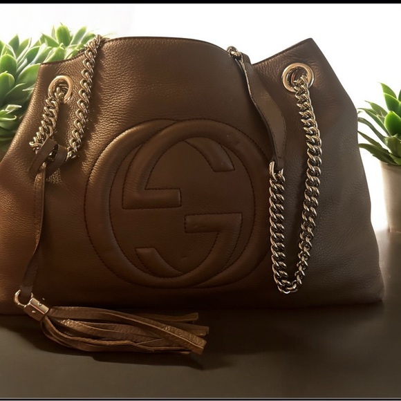 Gucci Brown Leather Shoulder Bag with Chain Strap - Picture 1 of 6